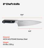 Misen 8-inch Chef's Knife specs: AICHI ACUTO440 stainless steel, 13.6" overall, 8.2" blade, 0.5 lbs