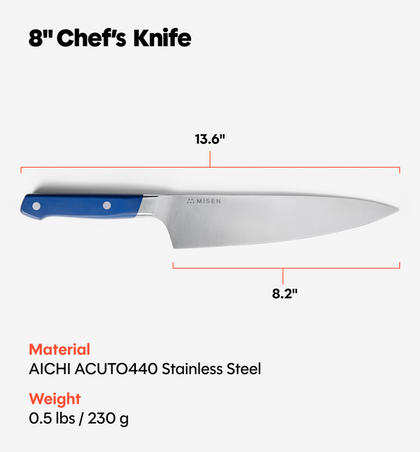 Misen 8-inch chef's knife with blue handle, AICHI ACUTO440 stainless steel, 13.6 inch overall length, 0.5 lbs