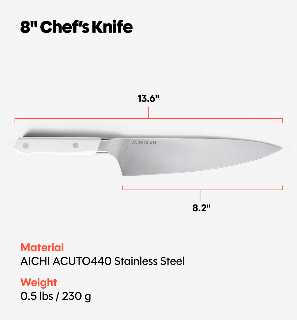 Misen 8-inch chef's knife specs: AICHI ACUTO440 stainless steel, 13.6-inch overall length, 8.2-inch blade, 0.5 lbs