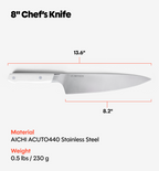 Misen 8-inch chef's knife specs: AICHI ACUTO440 stainless steel, 13.6-inch overall length, 8.2-inch blade, 0.5 lbs