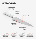 Misen 8-inch chef's knife infographic showing razor-sharp edge, rust-proof blade, sloped bolster, and four cutting techniques