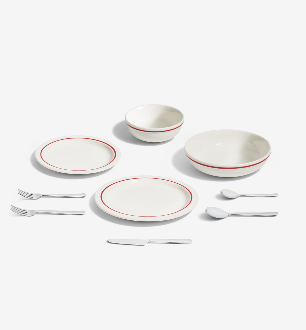 9-Piece Dinnerware + Flatware Set (Serves 1), Red/Polished, with 4 porcelain pieces and 5 polished utensils