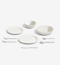 9-Piece Dinnerware + Flatware Set (Serves 1), White porcelain with polished 18/10 stainless steel flatware