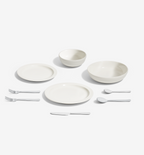 9-Piece Dinnerware + Flatware Set (Serves 1), White porcelain with polished 18/10 stainless steel flatware
