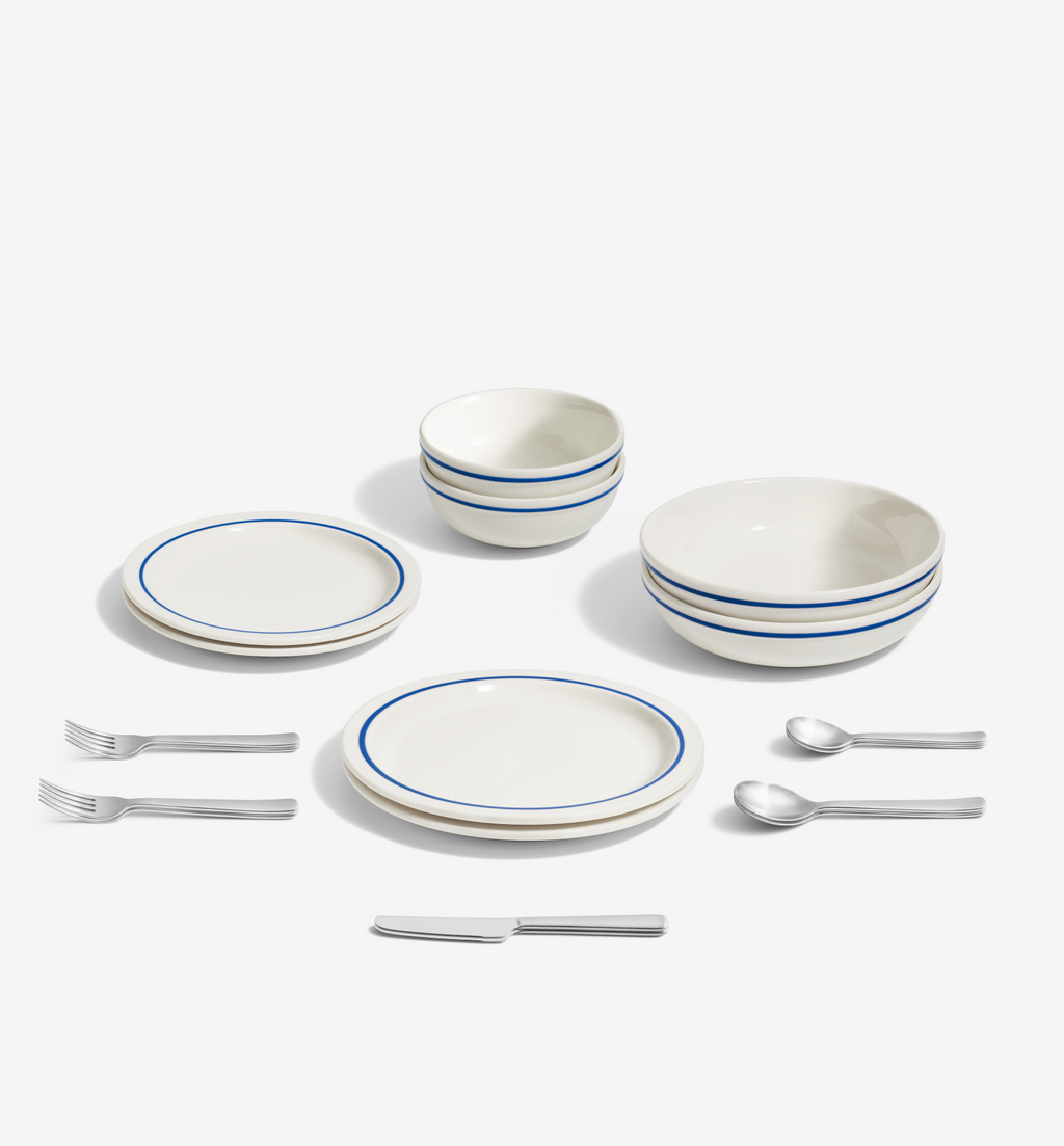18-piece dinnerware + flatware set (serves 2), blue porcelain dinnerware with brushed 18/10 stainless steel flatware