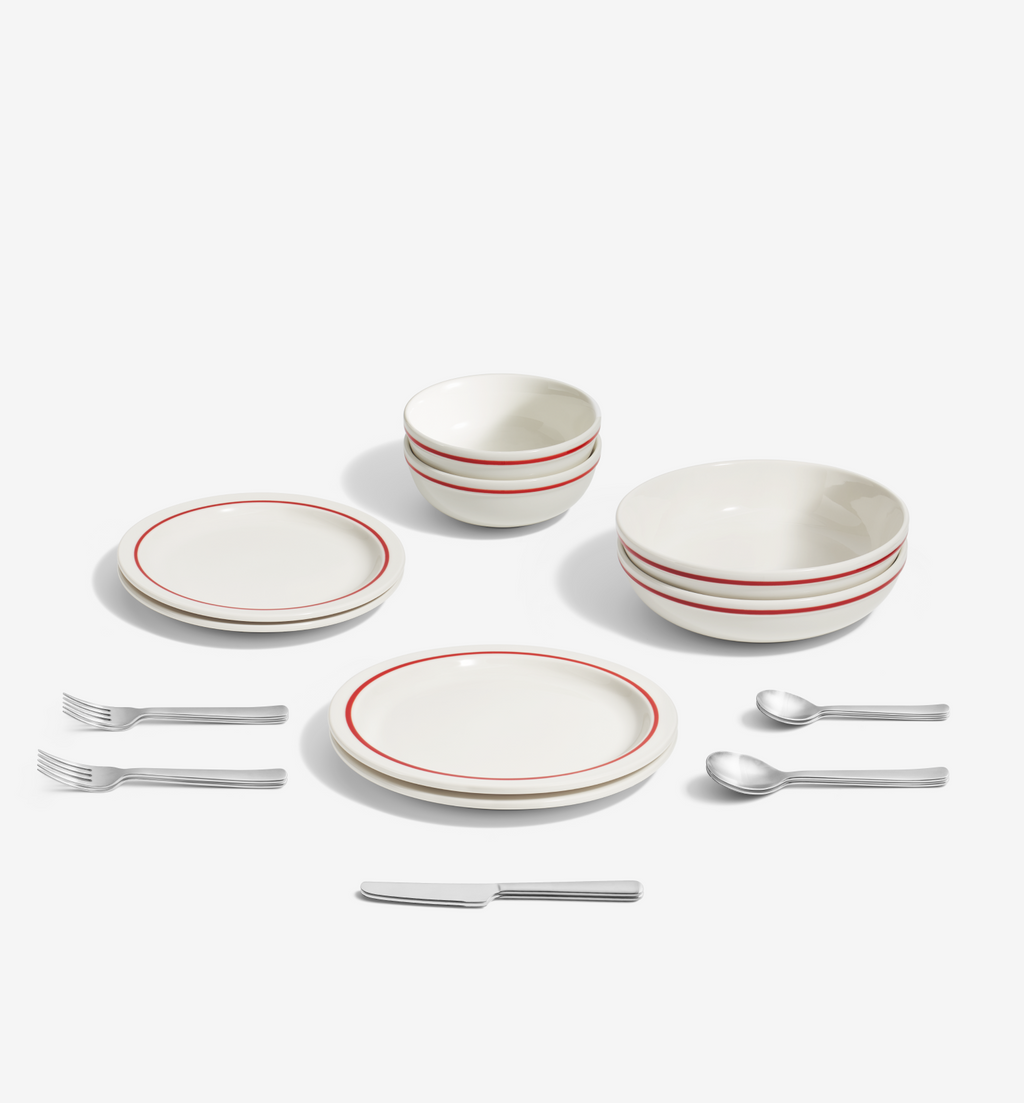18-piece red high-alumina porcelain dinnerware and brushed 18/10 stainless steel flatware set