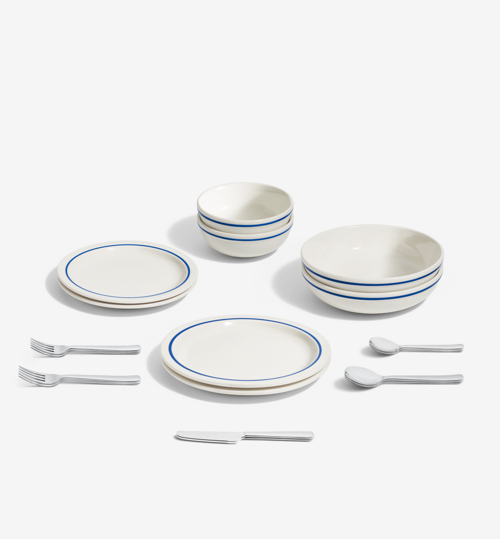 Blue porcelain dinnerware with polished 18/10 stainless steel flatware, 18-piece set for two