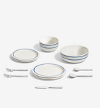 Blue porcelain dinnerware with polished 18/10 stainless steel flatware, 18-piece set for two