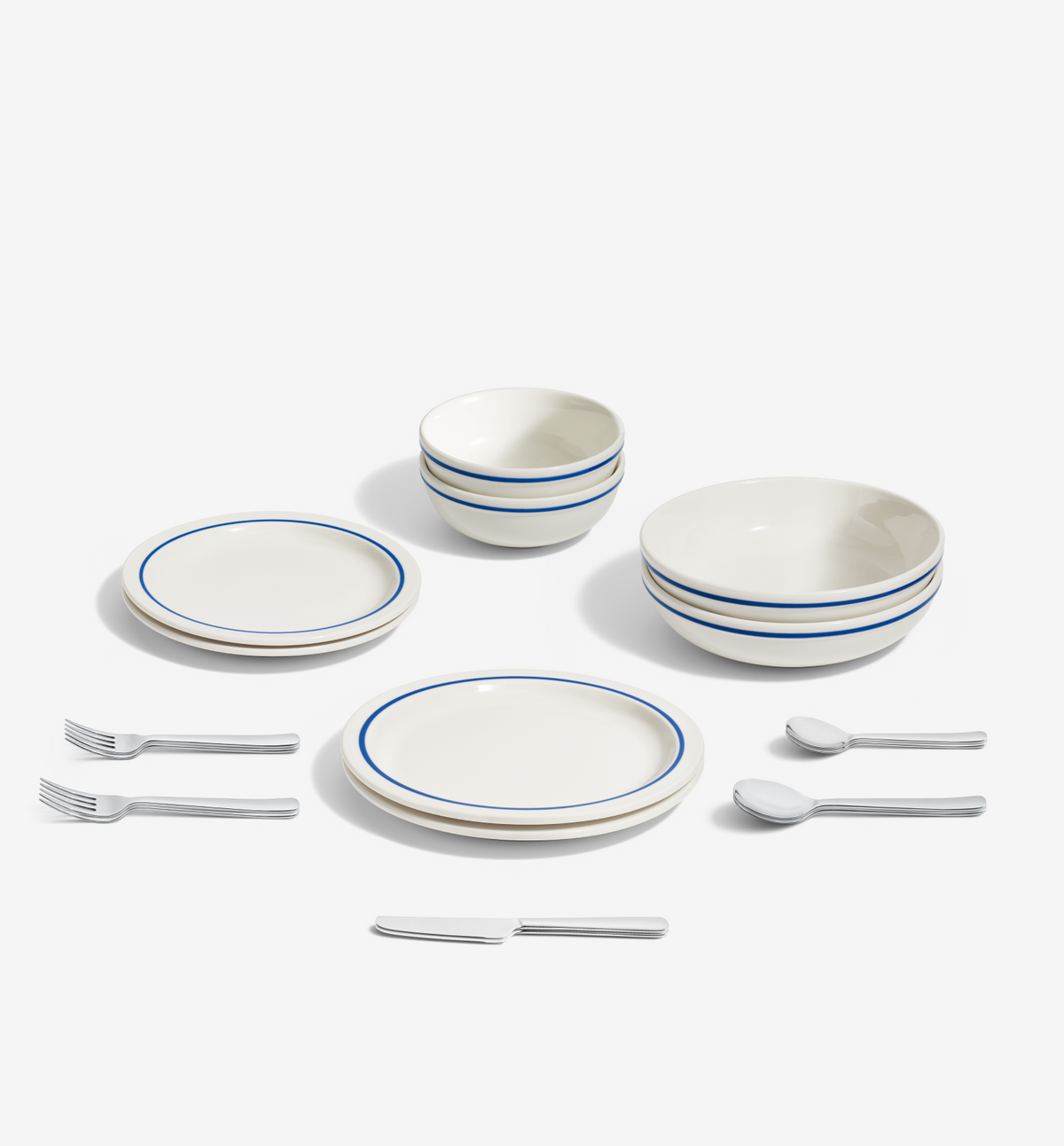 Blue porcelain dinnerware with polished 18/10 stainless steel flatware, 18-piece set for two