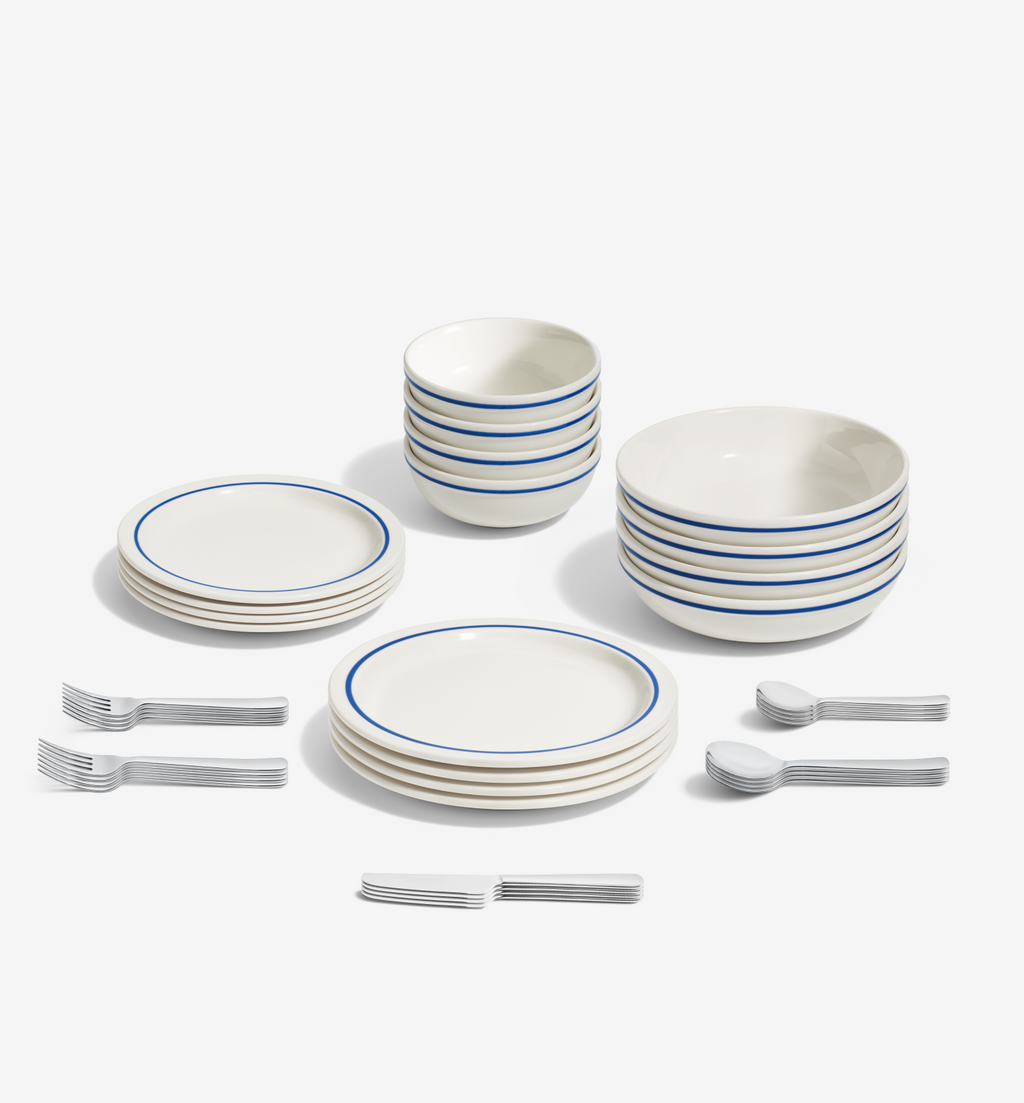 36-Piece Dinnerware + Flatware Set (Serves 4), blue porcelain dinnerware with polished stainless steel flatware