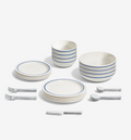 36-Piece Dinnerware + Flatware Set (Serves 4), blue porcelain dinnerware with polished stainless steel flatware