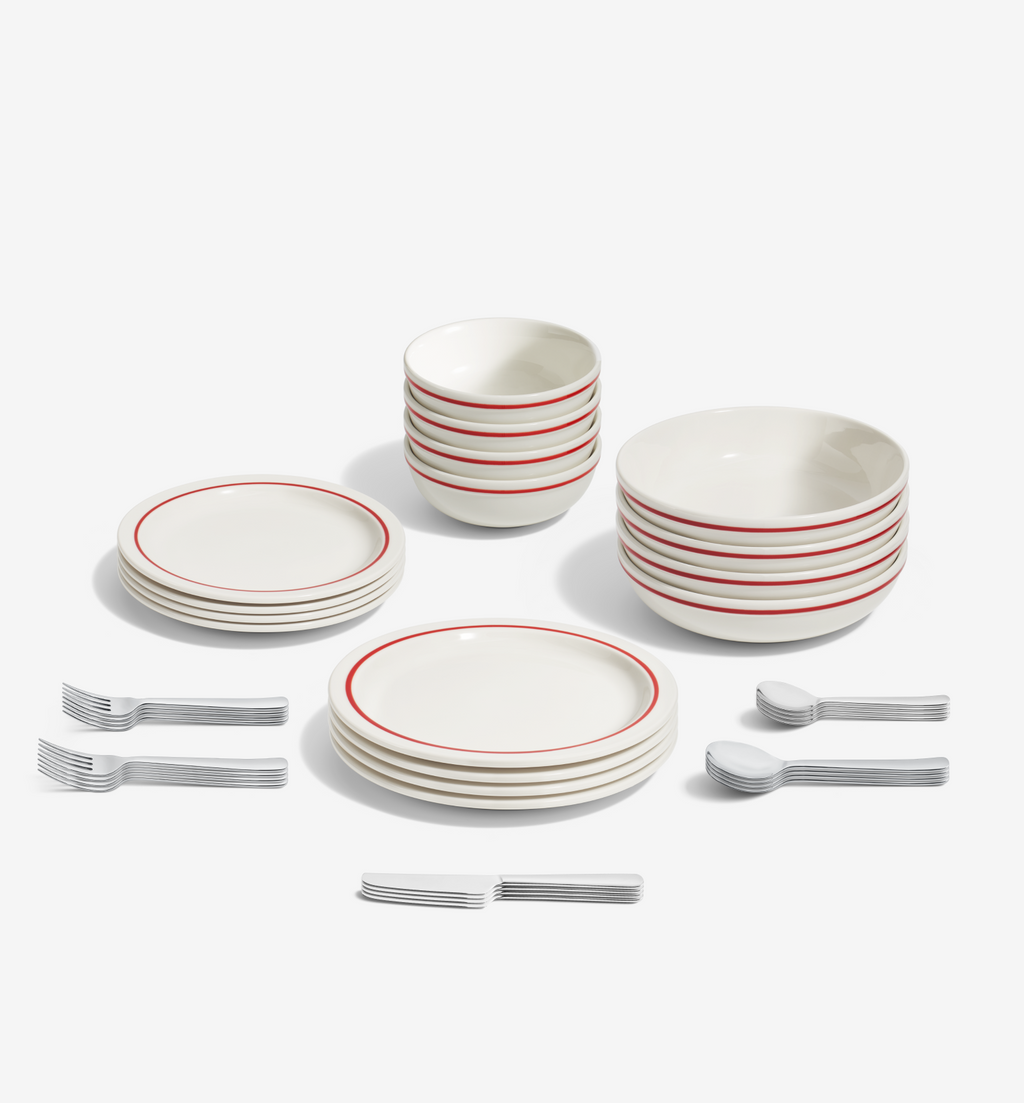 36-Piece Dinnerware + Flatware Set (Serves 4) in red with polished stainless steel flatware