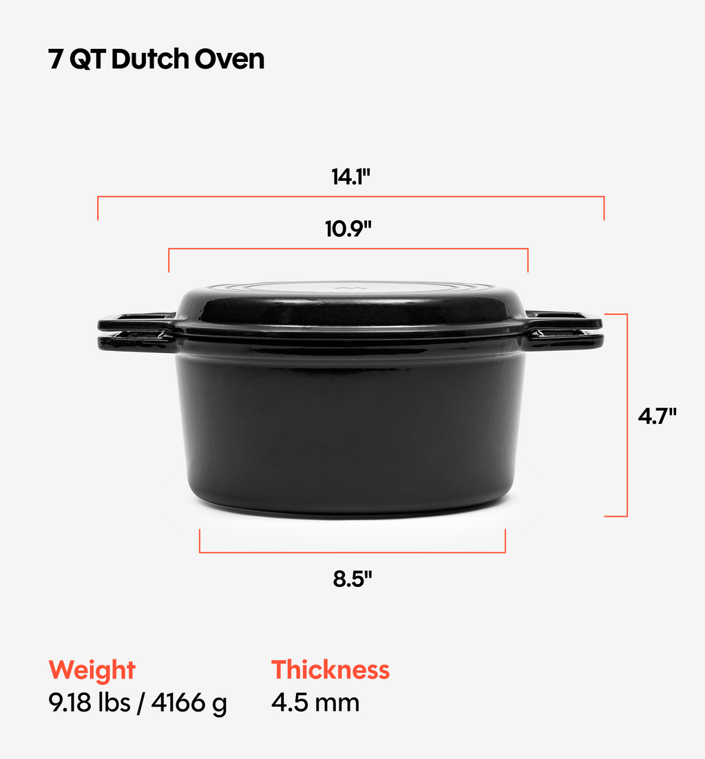 7 QT Enamel Cast-Iron Dutch Oven - Grill Lid - Black - Final Sale