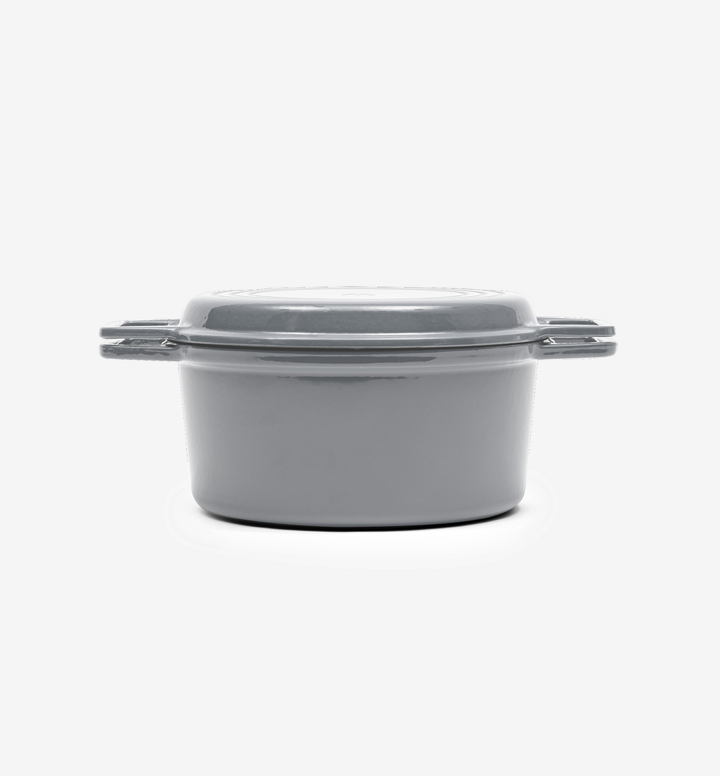 Grey enameled cast iron Dutch oven with lid and dual handles
