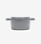Grey enameled cast iron Dutch oven with lid and dual handles