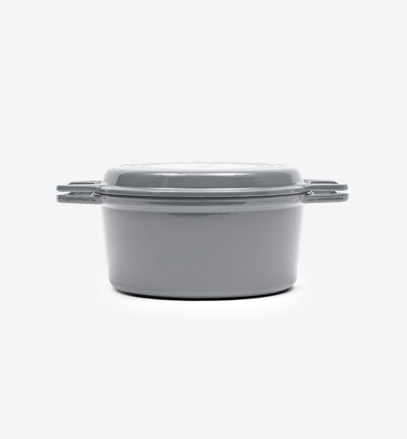 Grey enameled cast iron Dutch oven with lid and dual handles