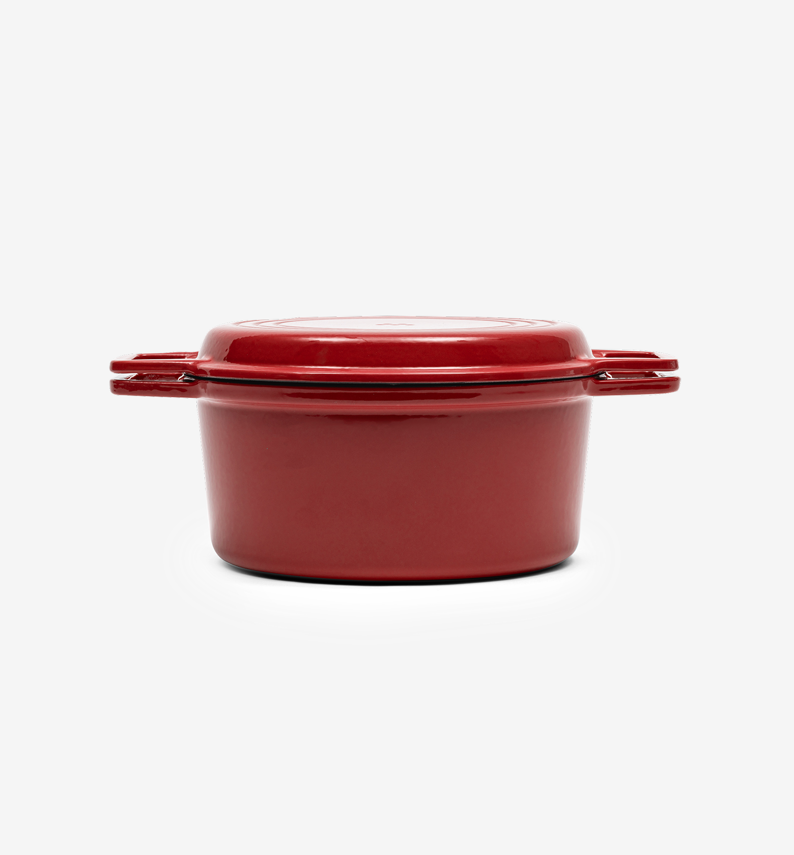 Red enameled cast iron Dutch oven with lid and side handles