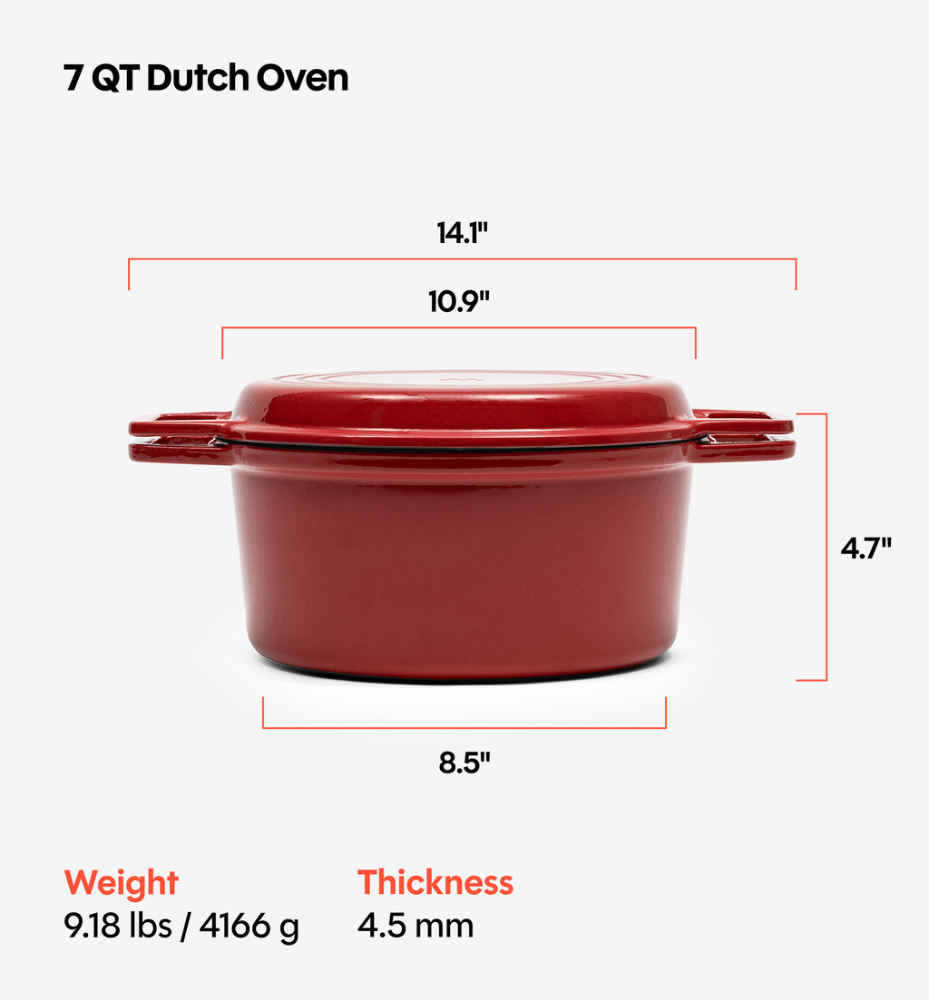 7 QT Enamel Cast-Iron Dutch Oven - Grill Lid - Red - Final Sale