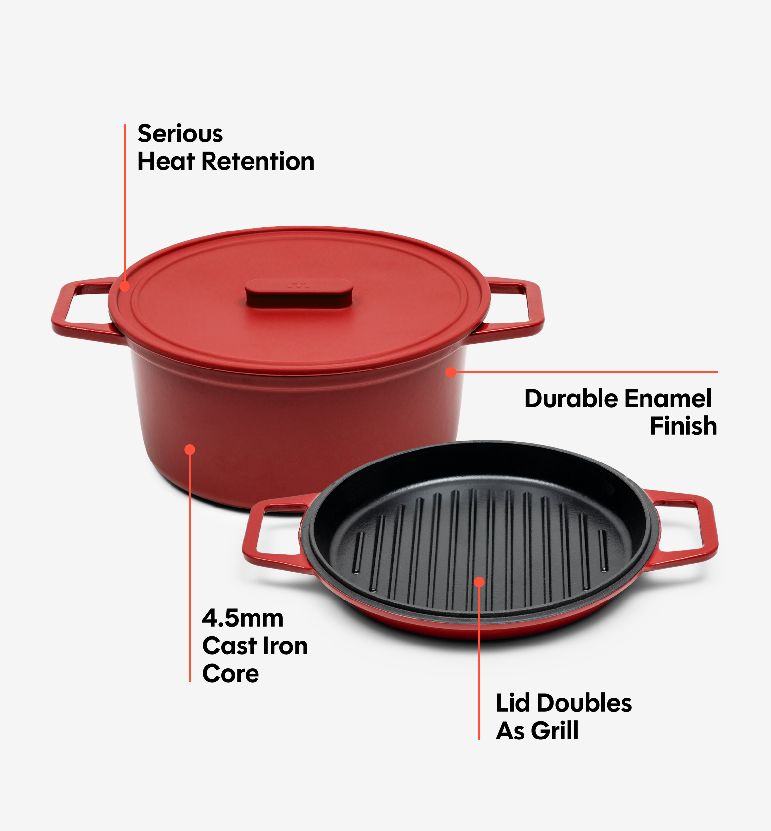 7 QT Enamel Cast-Iron Dutch Oven - Grill & Silicone Lid - Red - Final Sale