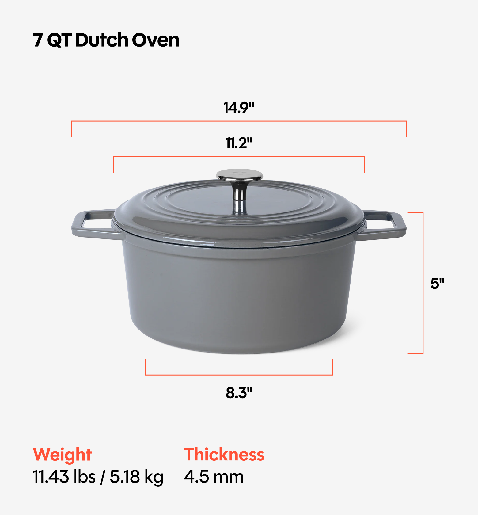 7 QT Enamel Cast-Iron Dutch Oven - Classic Lid - Gray - Final Sale