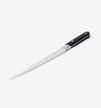 Long slicing knife with narrow tapered blade and black riveted handle