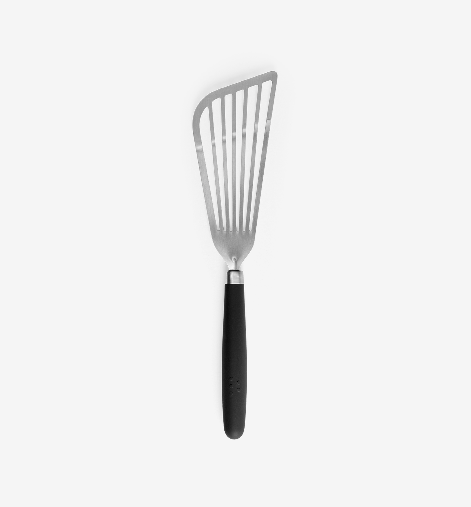 Stainless steel slotted fish spatula with black soft-grip handle