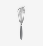 Stainless steel slotted fish spatula with gray non-slip handle