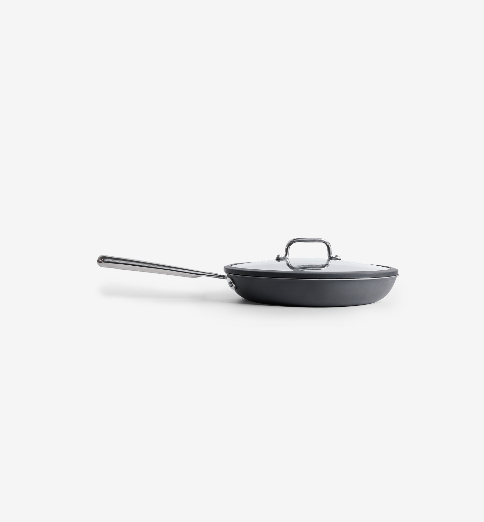 Hard-anodized nonstick frying pan with glass lid and stainless steel handle