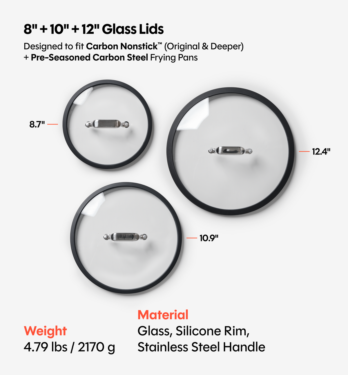 8" + 10" + 12" Carbon Nonstick™ Frying Pan + Glass Lids