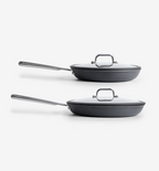 Hard-anodized nonstick frying pans set with glass lids and stainless steel handles