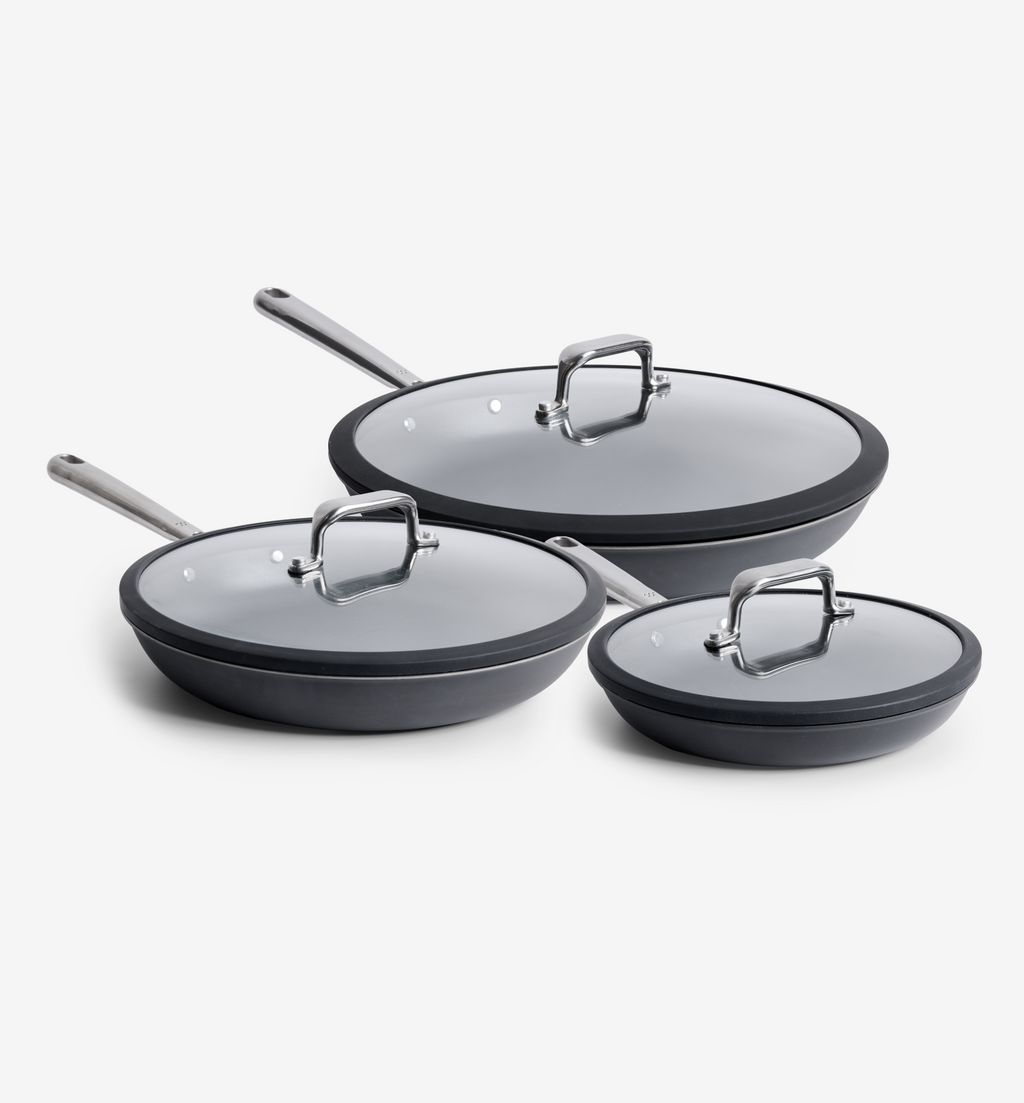 8” + 10” + 12” Pre-Seasoned Carbon Steel Frying Pan + Glass Lids