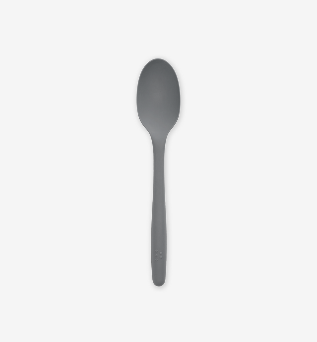 Matte gray silicone spoon with long handle and oval bowl