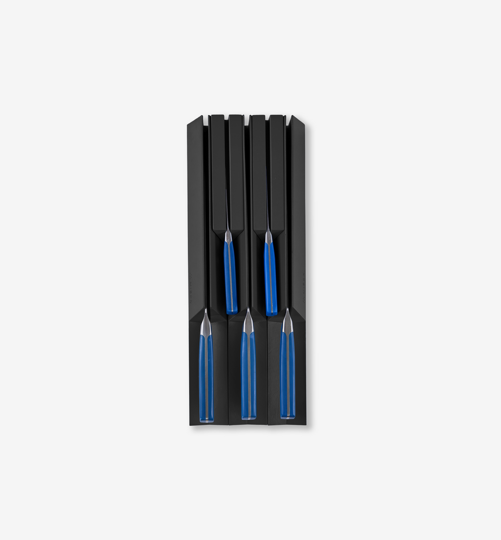 4-piece steak knife set with blue handles in black storage block