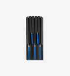 4-piece steak knife set with blue handles in black storage block