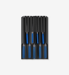 Set of steak knives with blue handles stored in black knife block organizer