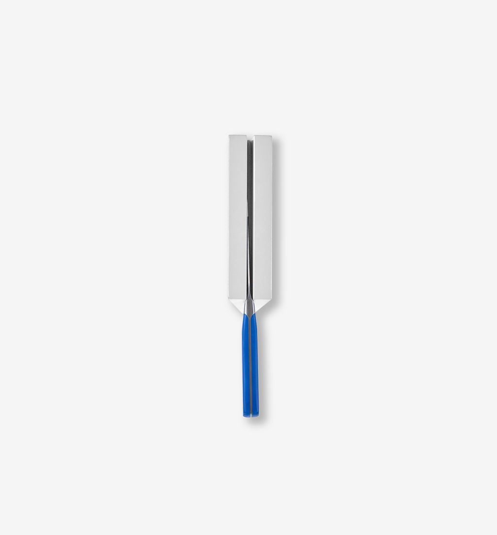 Tuning fork with blue handle and polished silver tines