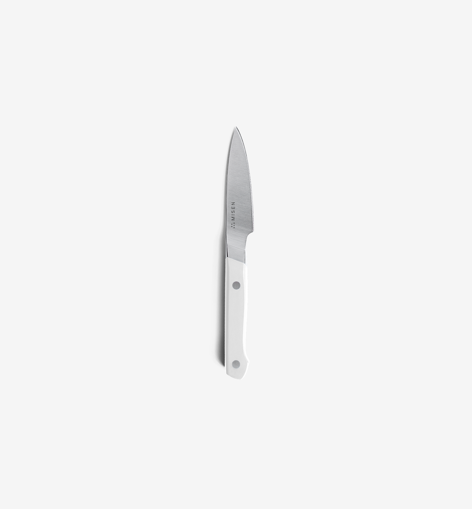 Misen paring knife with white handle and stainless steel blade