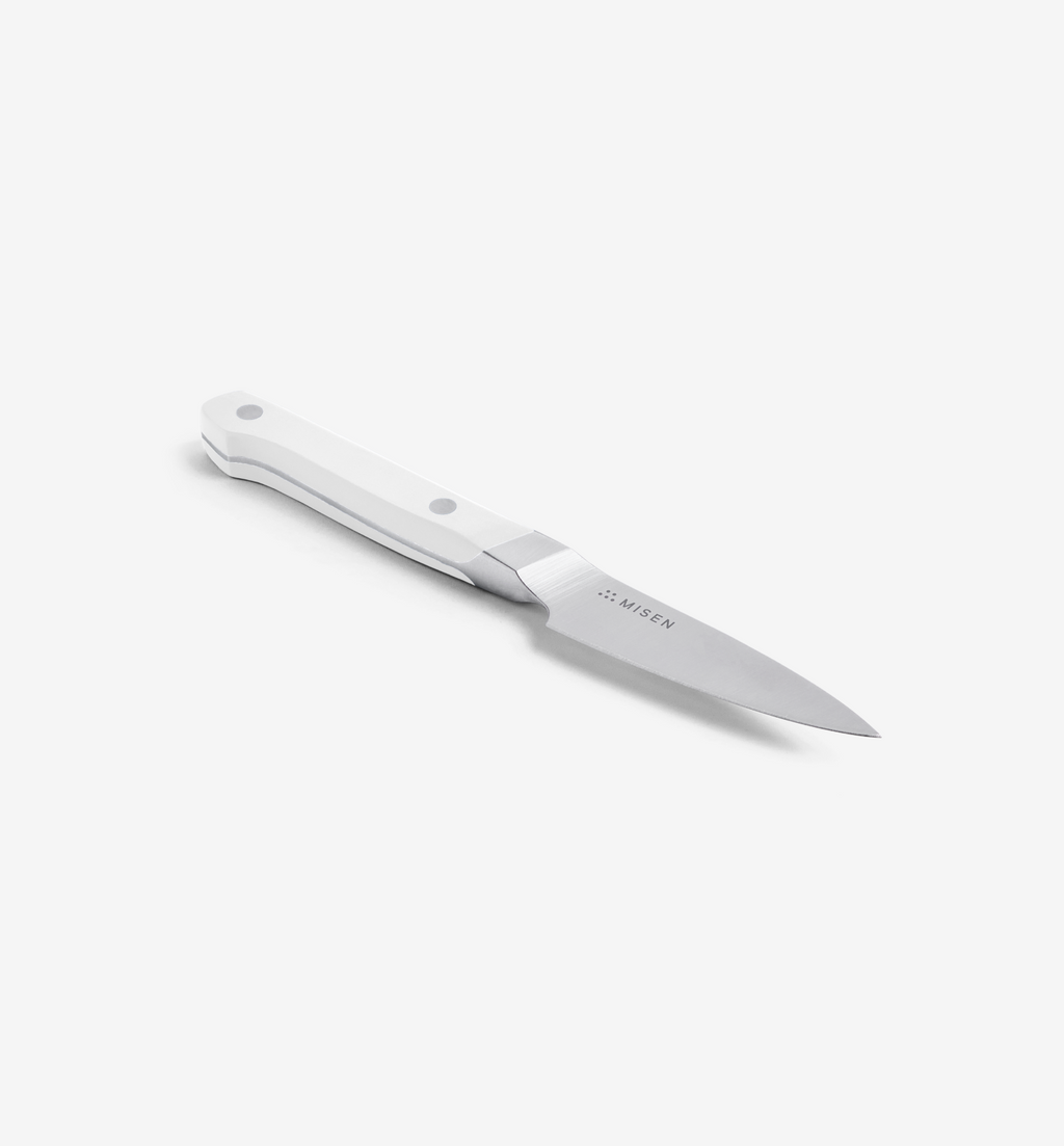 Misen paring knife with white handle and stainless steel blade