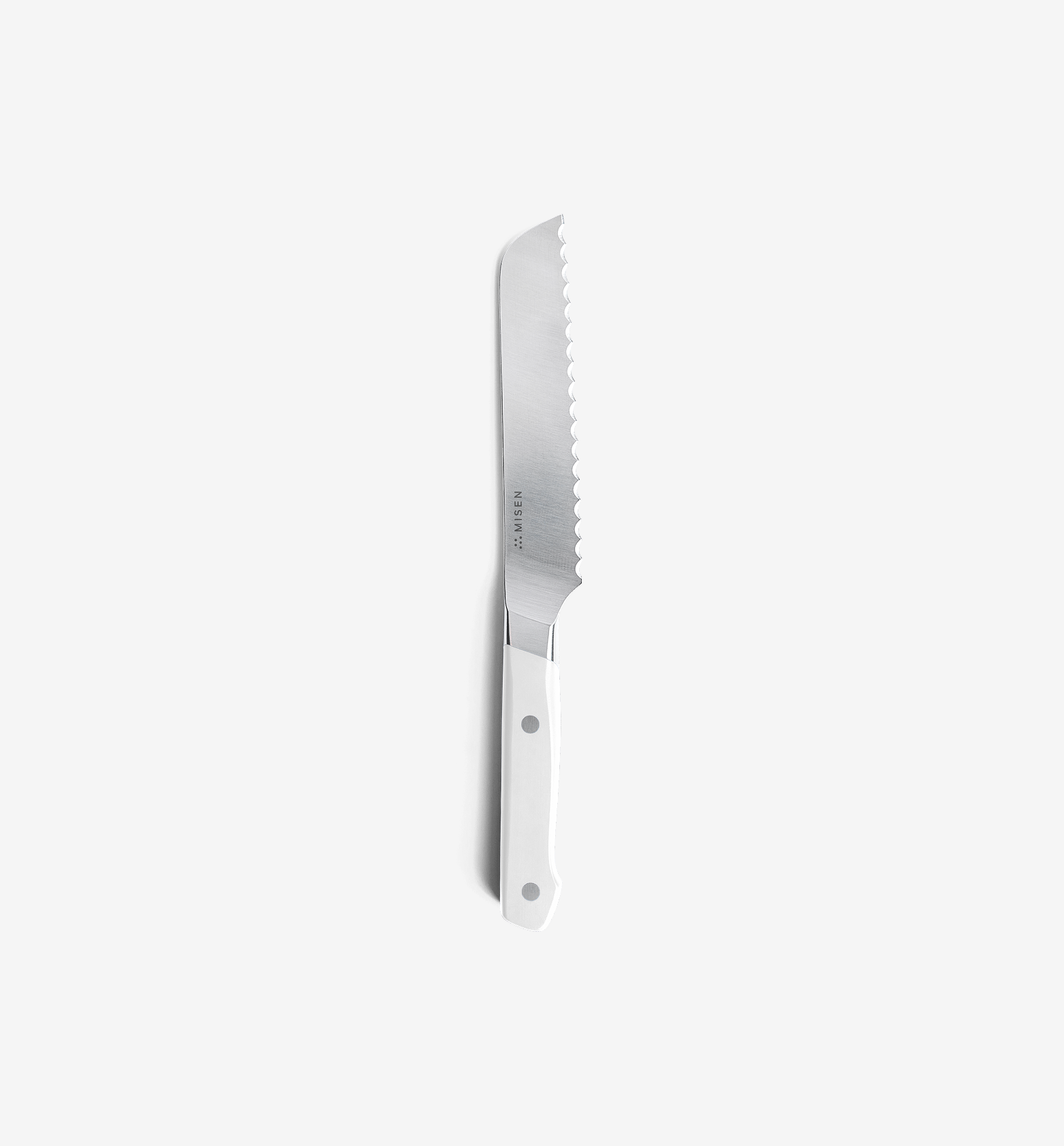 Misen serrated bread knife with white handle and stainless steel blade