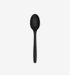 Black silicone slotted spoon with small drainage holes and ergonomic handle