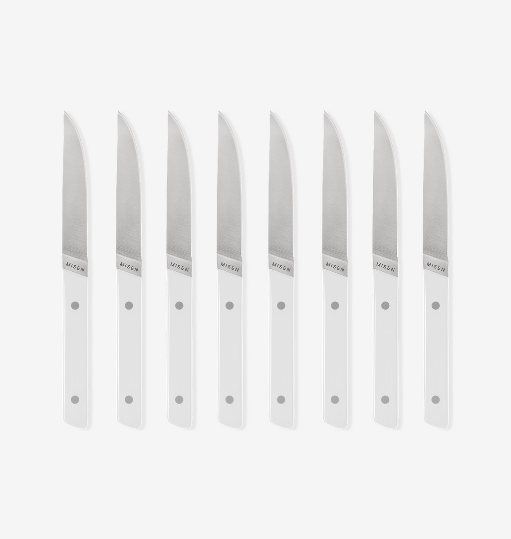 Misen steak knives set of 8 with white handles and stainless steel blades