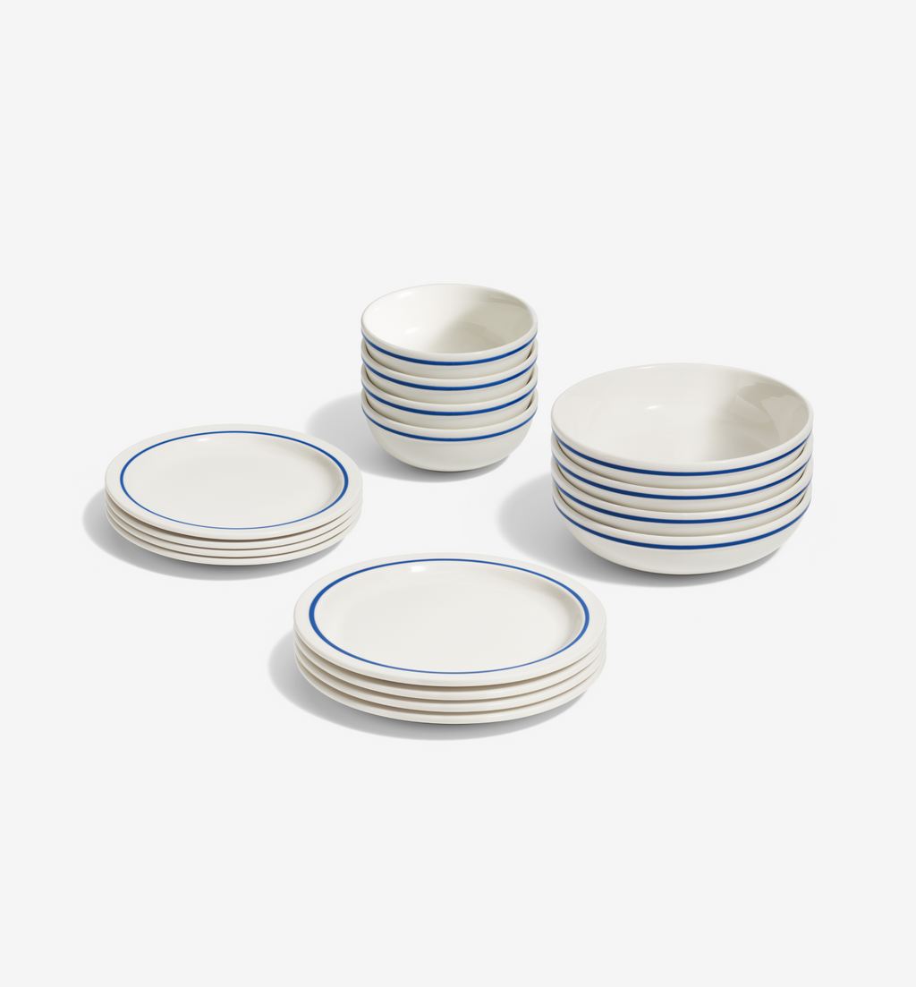 Blue 16-Piece Dinnerware Set (Serves 4) with dinner plates, salad plates, pasta bowls, and cereal bowls