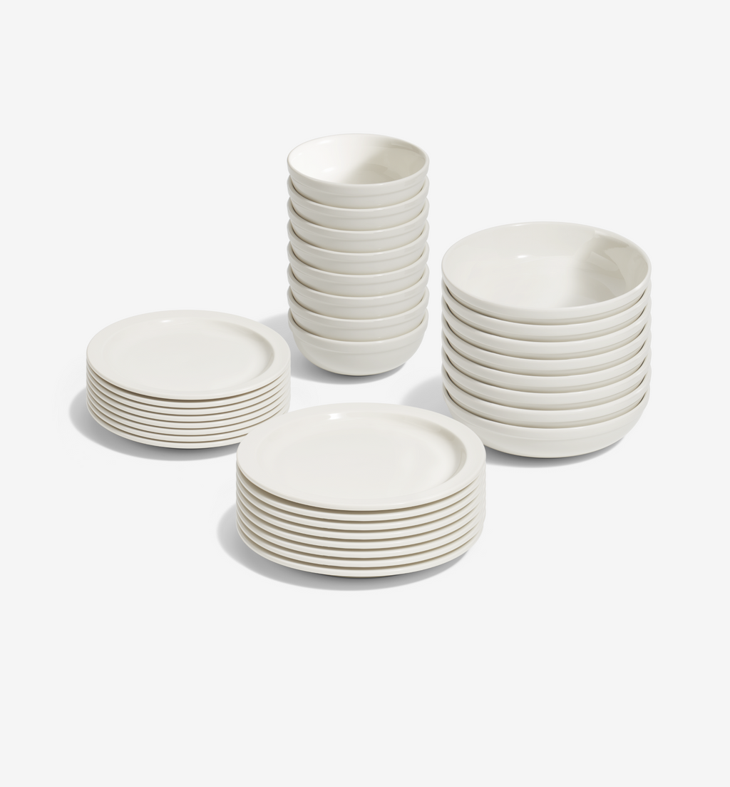 32-piece white high-alumina porcelain dinnerware set with dinner plates, salad plates, pasta bowls, and cereal bowls