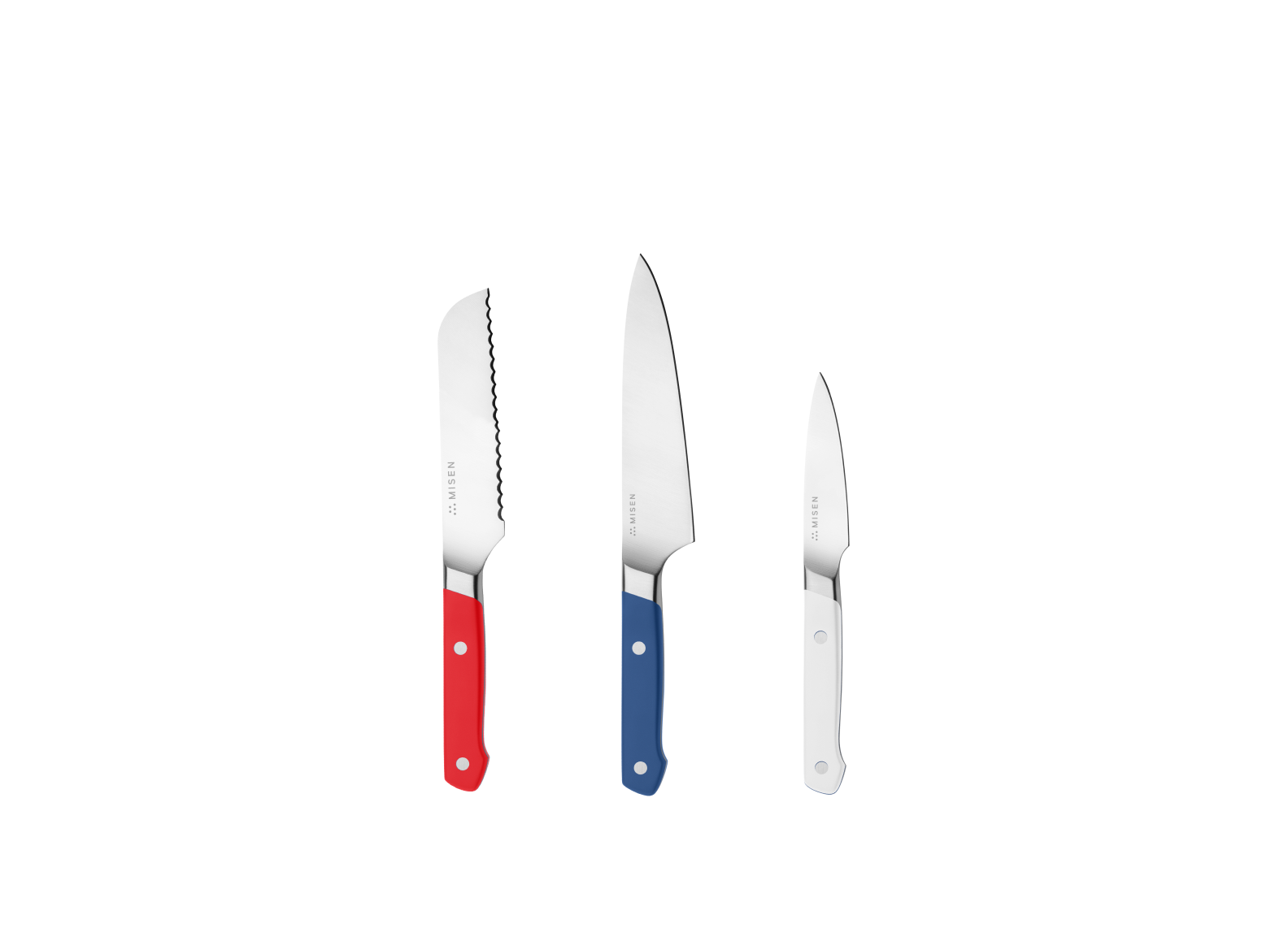The Misen Minis set comes with a Red 5 inch Short Serrated knife, a Blue 5.5 inch Utility Knife and a White 3.5 inch Paring Knife