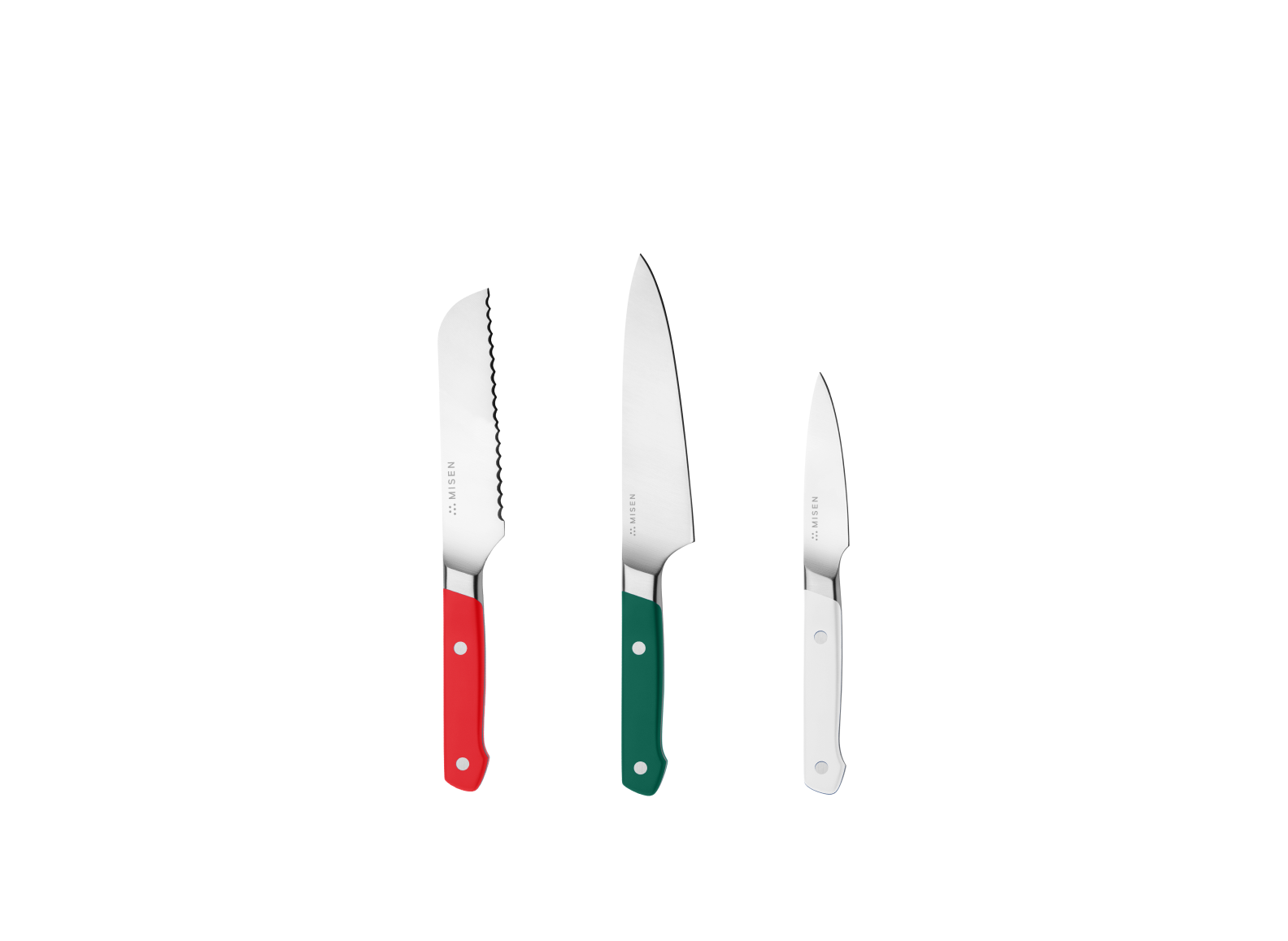 The Misen Minis set comes with a Red 5 inch Short Serrated knife, a Green 5.5 inch Utility Knife and a White 3.5 inch Paring Knife