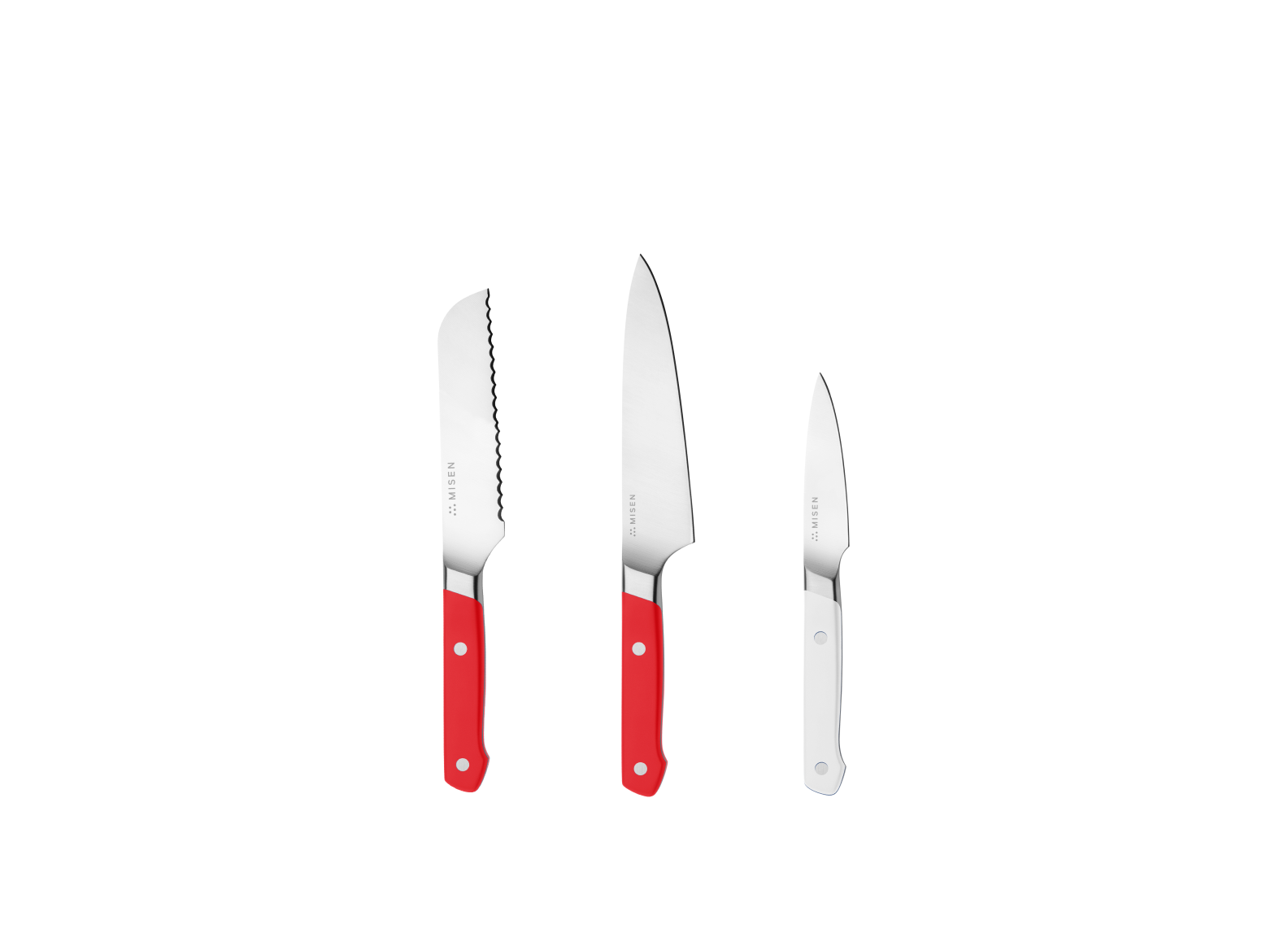 The Misen Minis set comes with a Red 5 inch Short Serrated knife, a Red 5.5 inch Utility Knife and a White 3.5 inch Paring Knife