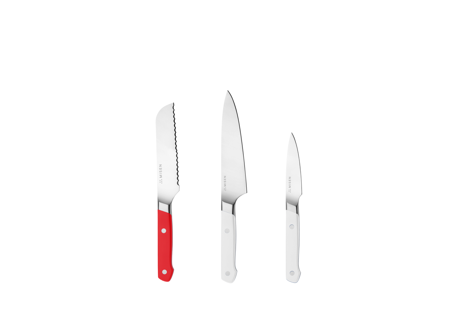 The Misen Minis set comes with a Red 5 inch Short Serrated knife, a White 5.5 inch Utility Knife and a White 3.5 inch Paring Knife