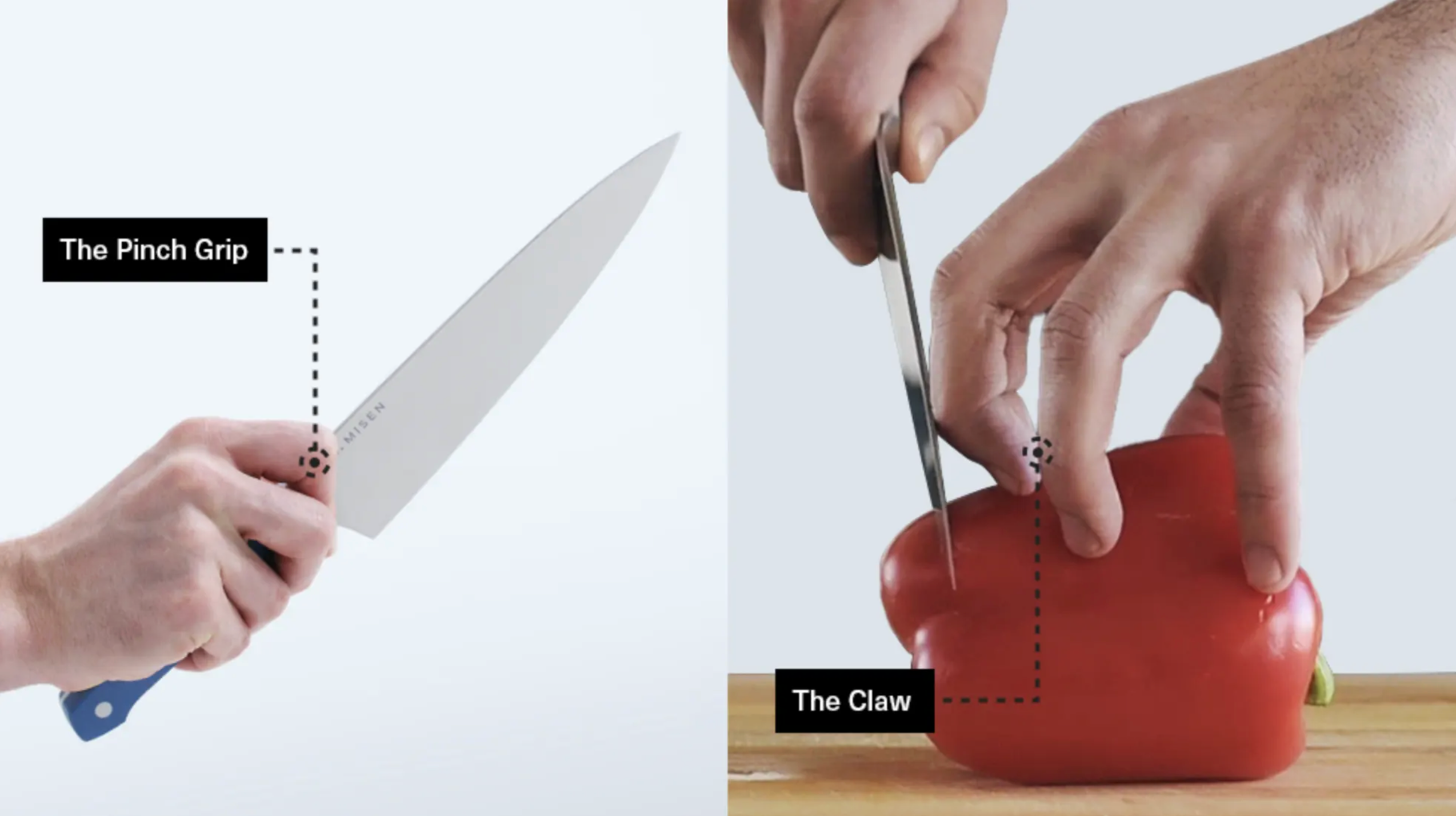 Proper knife grip techniques: pinch grip on blade and claw grip for guiding food safely