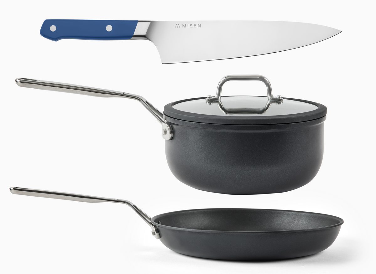 The Kitchen Starter Kit comes with an 8 inch blue Chef Knife, a three quart Nonstick Saucier, and a ten inch Nonstick Pan
