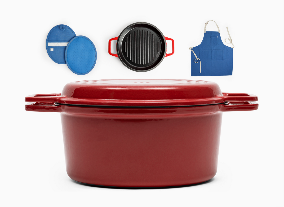 The Dutch Treat bundle contains a red Grill Dutch Oven (without a silicone lid) and also comes with a set of blue pot holders and a blue apron